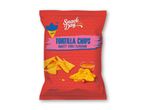 En rød pose tortillachips med sød chilisauce og en sombrero-hat-maskot.