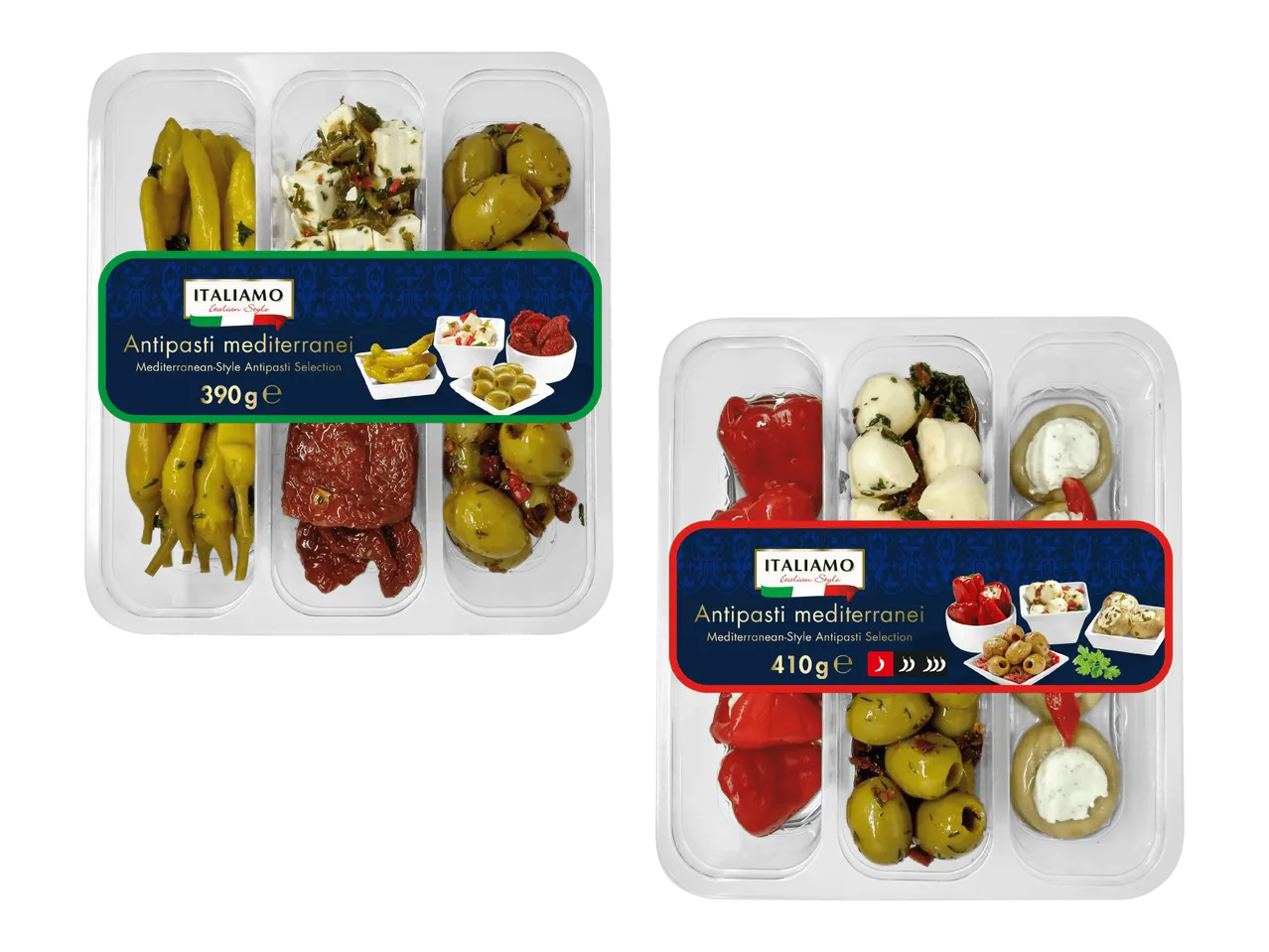 Kaksi pakkausta Välimeren antipasti-valikoimaa, joissa on erilaisia täytteitä, kuten paprikoita, fetajuustoa, oliiveja ja aurinkokuivattuja tomaatteja.