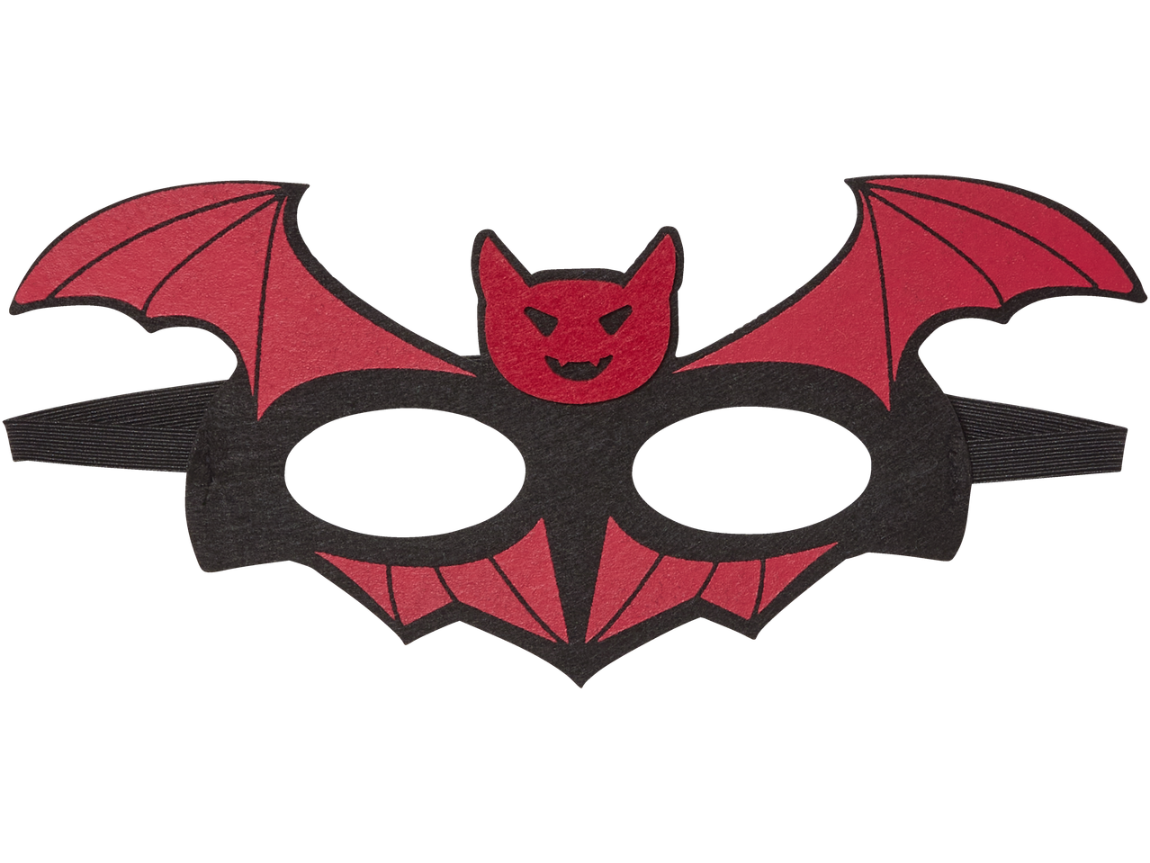 Black and red felt bat mask with a smiling devil face
