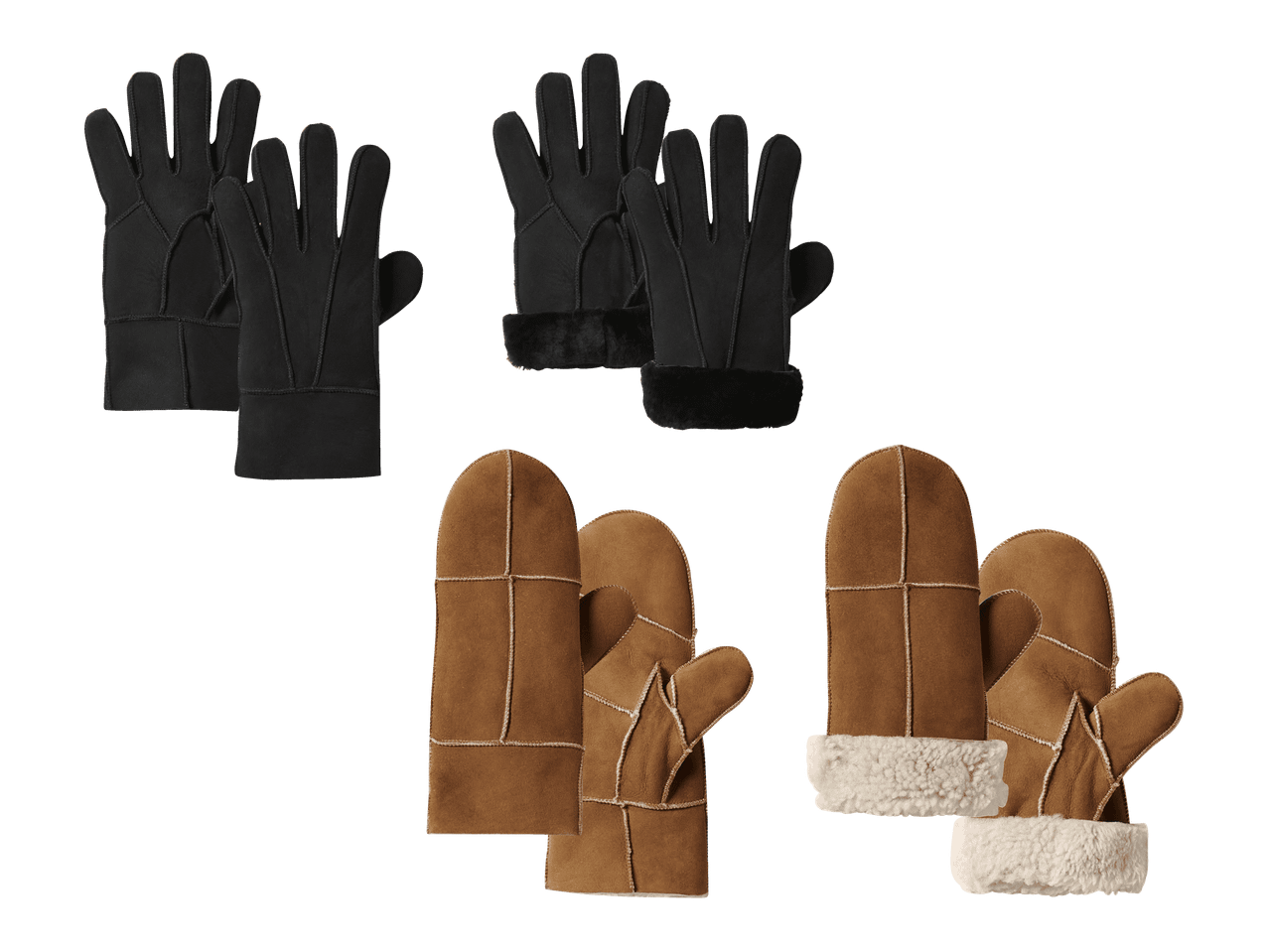 Mustat sormikkaat ja ruskeat lapaset, joissa on pörröinen vuori.