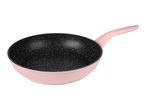 Pink frying pan with a speckled black non-stick interior