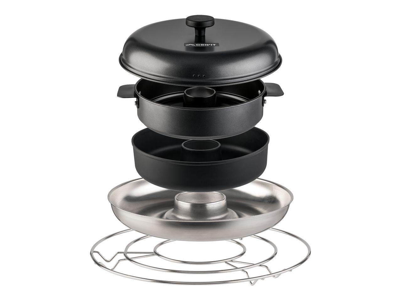 Ein zerlegter, schwarzer Kuchenbackofen mit einem silbernen Untergestell.