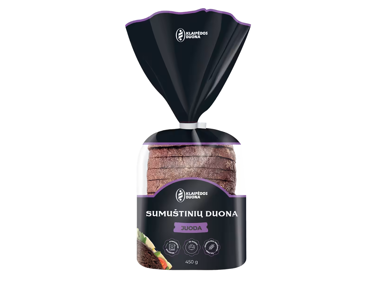 KLAIPĖDOS DUONA juoda sumuštinių duona, 450 g, pakuotėje.