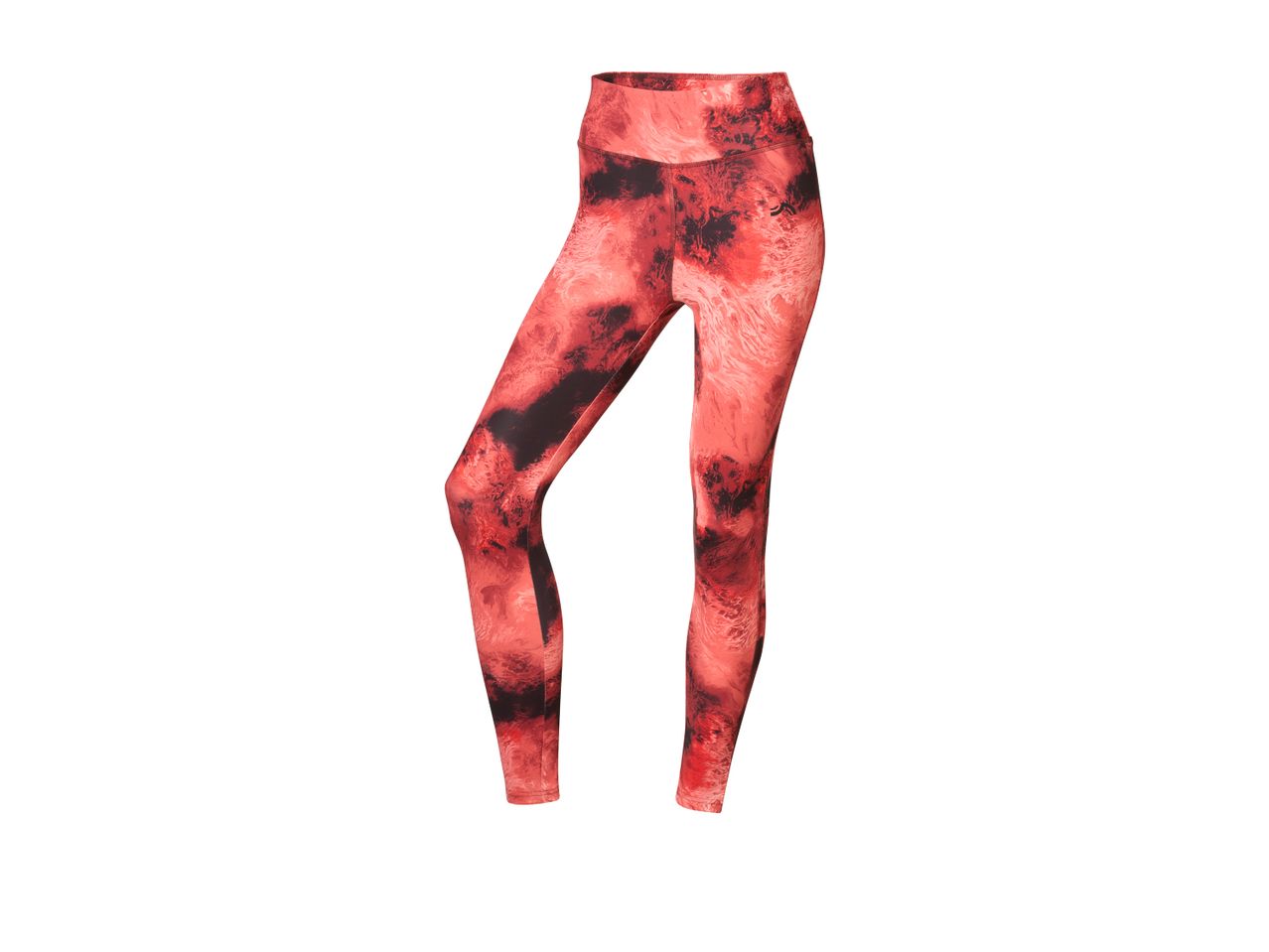 Red and black marbled high-waisted leggings.