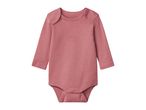 Pink long-sleeved baby bodysuit with snap fasteners