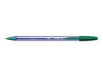 Green and blue ballpoint pen with a transparent barrel and a green cap.