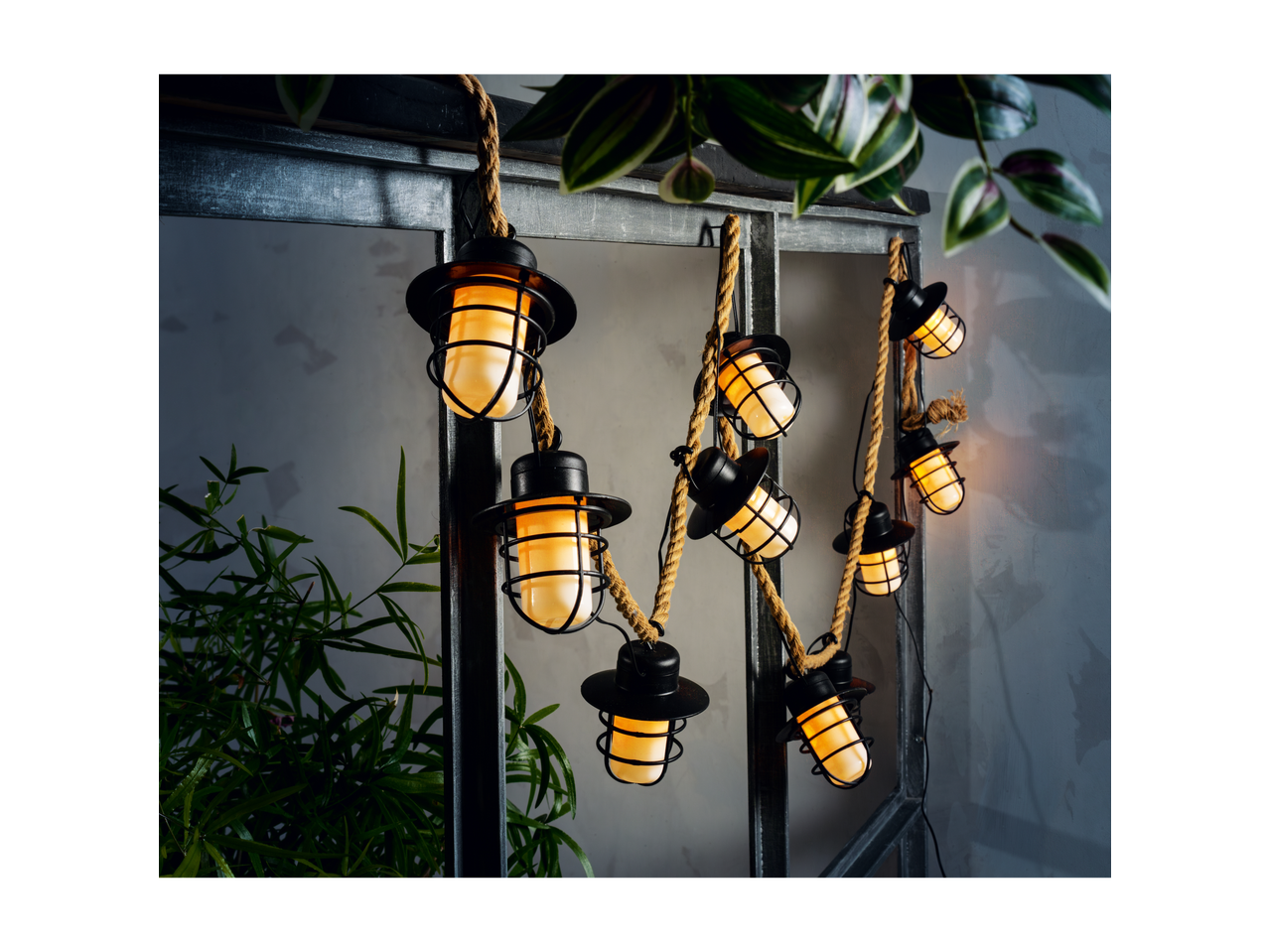 LIVARNO home Solar Flaming Lantern String Lights with plants in a dark setting.