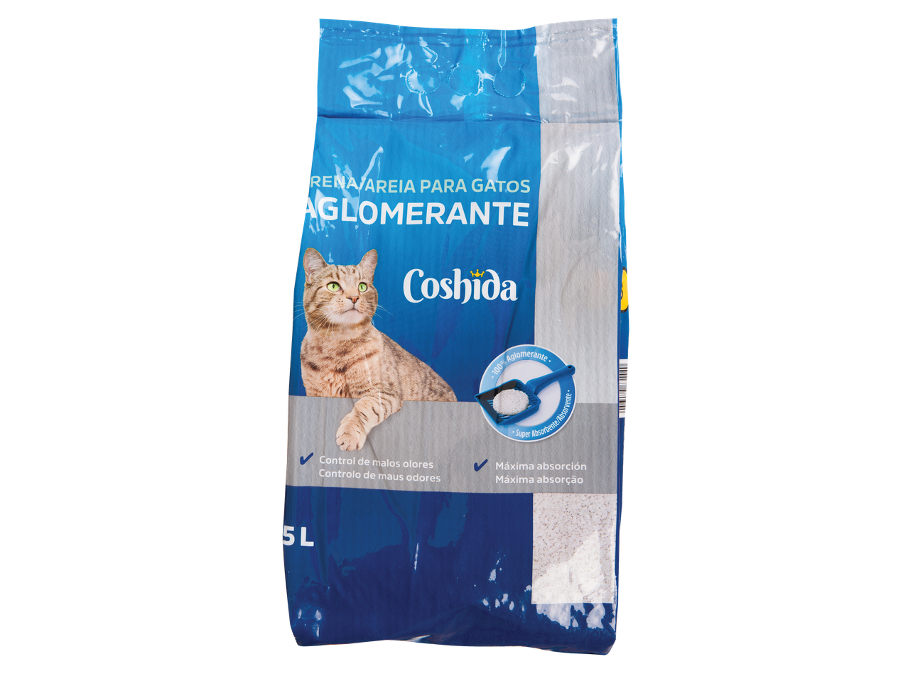 Areia aglomerante para gatos Coshida: saco de 5L, máxima absorção.
