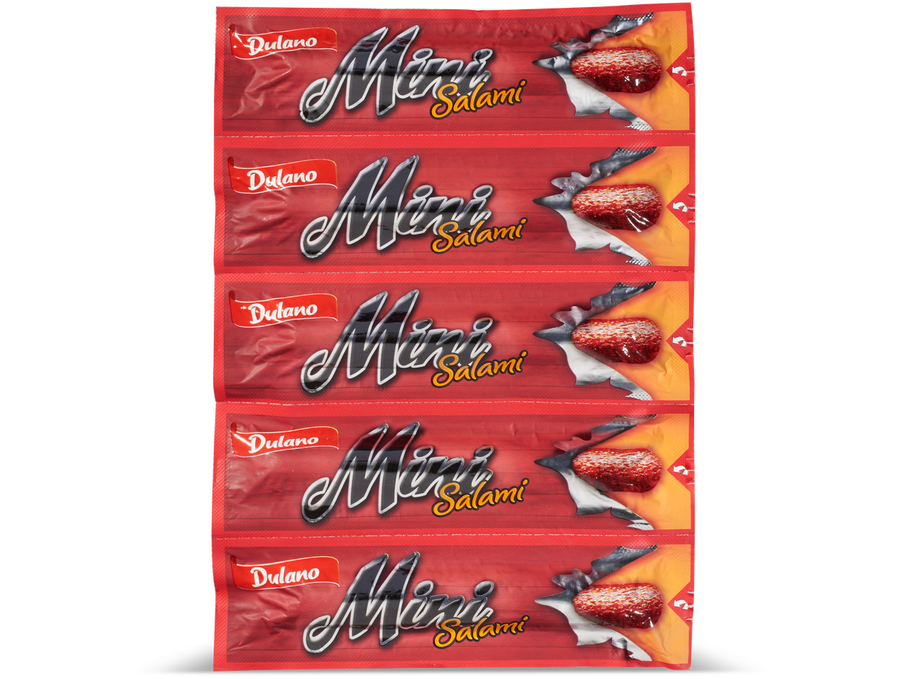 Dulano Minisalami multipack met vijf individuele rood-oranje verpakkingen.