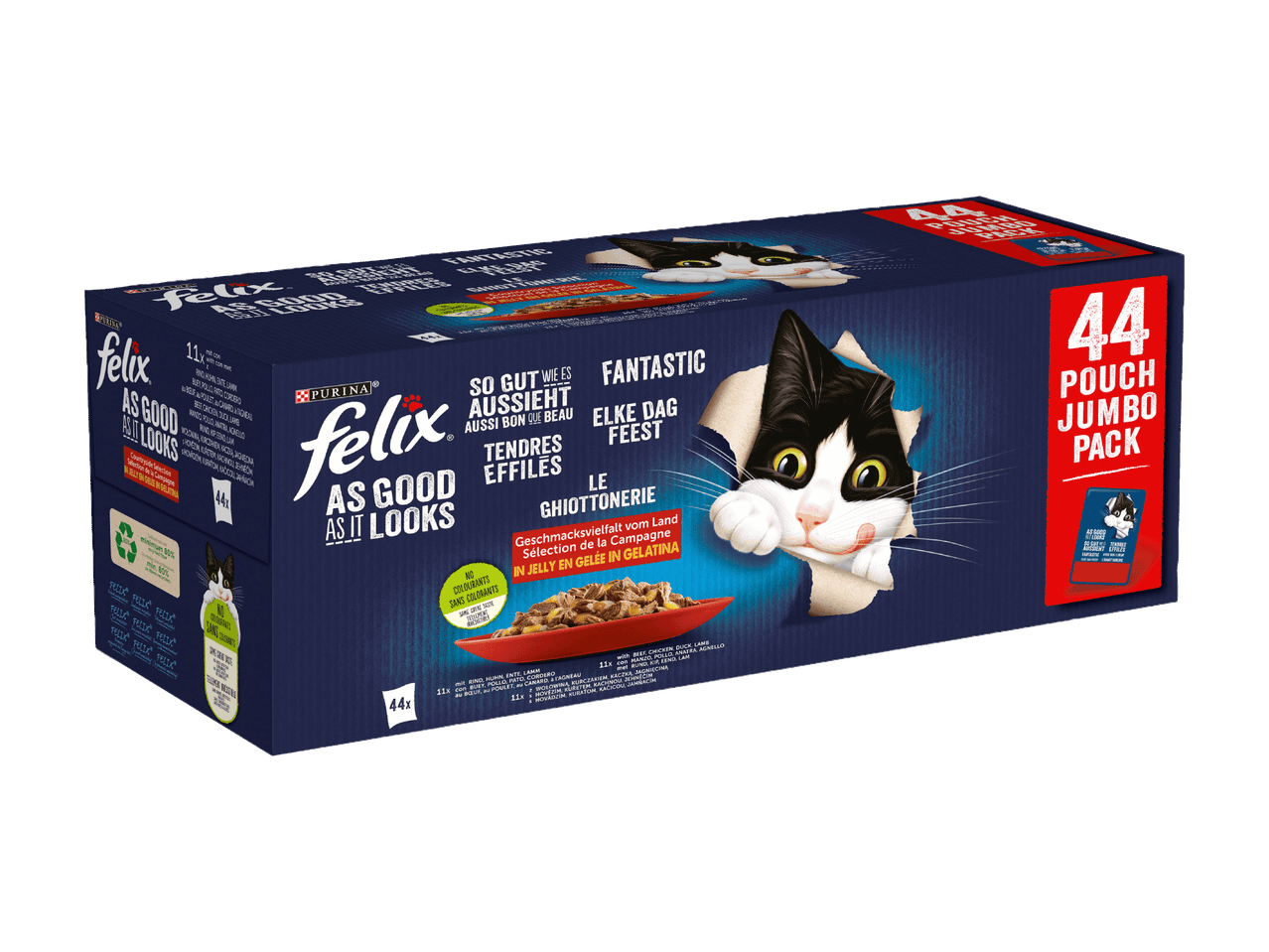 Felix Multipack für Katzen mit 44 Beuteln Nassfutter.