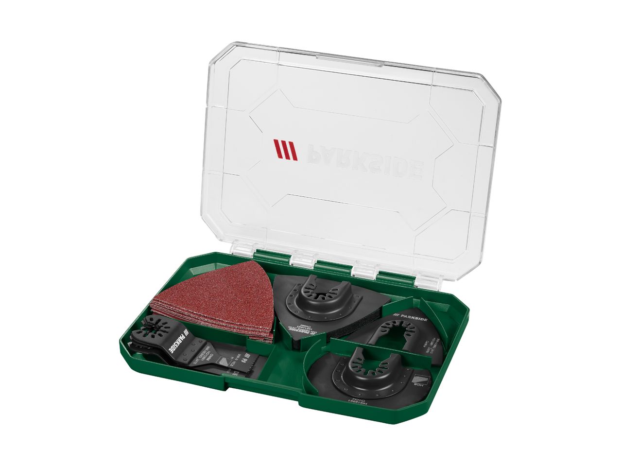 Oscillating tool accessory set with sanding pads and various blades in a green case.