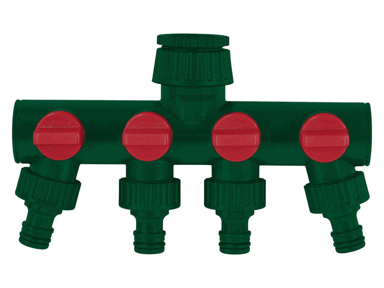 A green four-way garden hose splitter with red on/off valves.