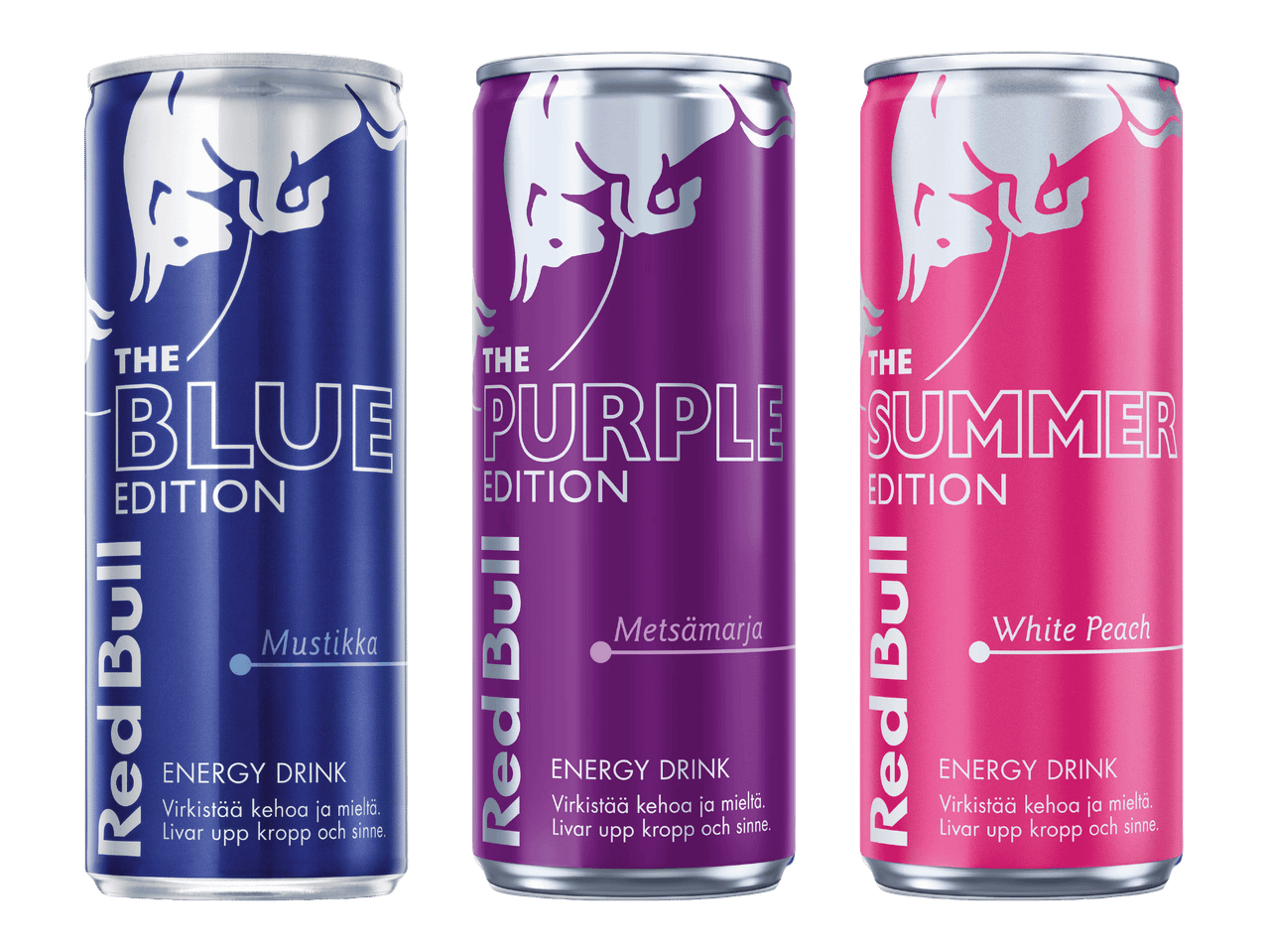 Kolme Red Bull -energiajuomatölkkiä: sininen Mustikka, violetti Metsämarja ja pinkki White Peach.