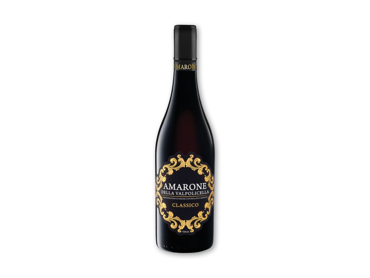 En flaske Amarone della Valpolicella Classico rødvin med en sort etiket og gulddetaljer.