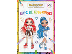 Bloc de coloriages Rainbow High avec deux personnages et des crayons.