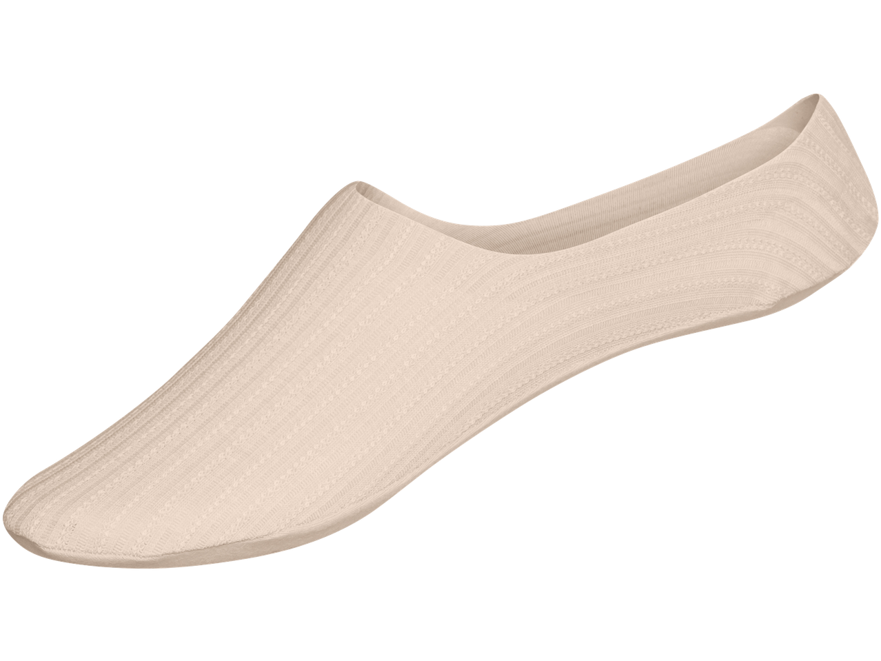 Uma única meia invisível bege com padrão texturizado, inclinada sobre um fundo preto.