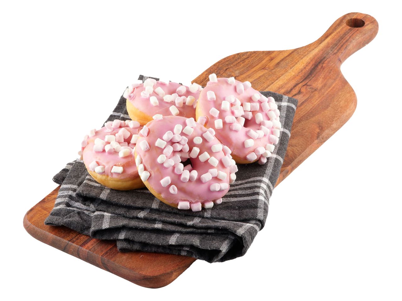 Rosa donuts med marshmallows på en träbricka.