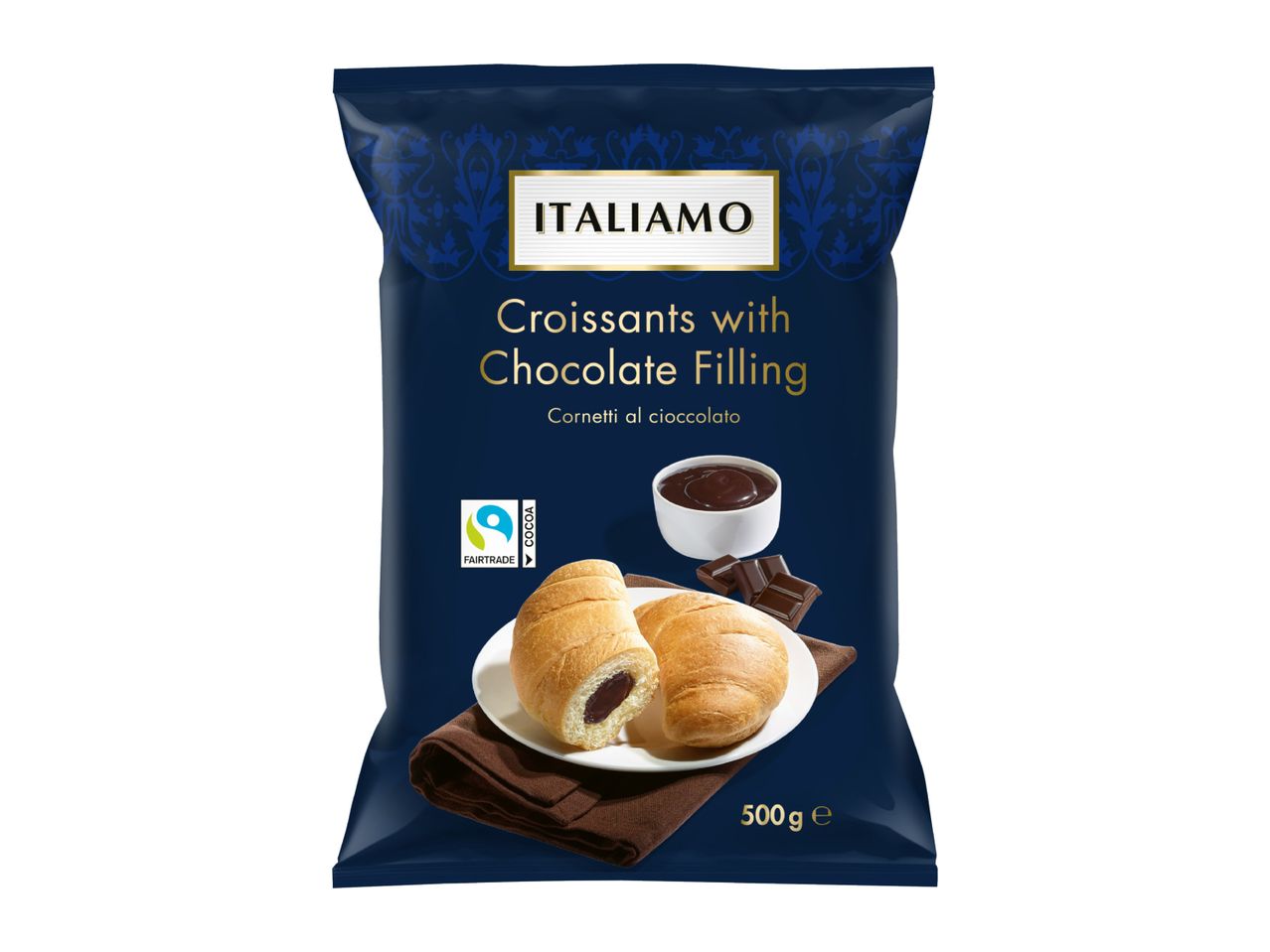 Dark blue bag of croissants with chocolate filling, featuring a Fairtrade cocoa logo.