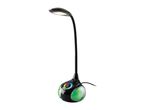 Black desk lamp with a flexible neck, illuminated head, and a colorful touch control base.