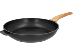 Black frying pan with a wooden handle and an additional small handle.