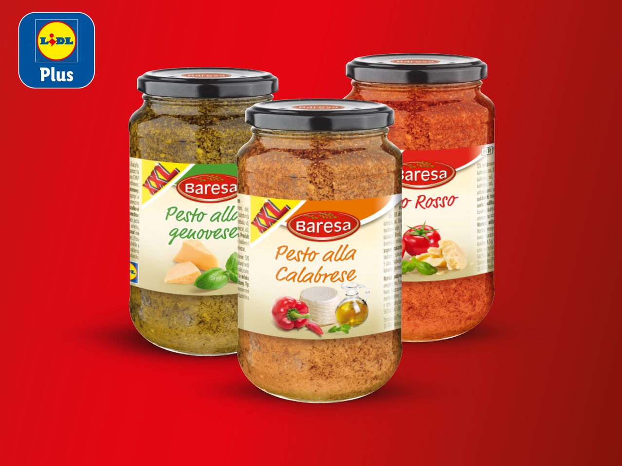 Tri staklenke Baressa umaka za tjesteninu: pesto genovese, pesto calabrese i pesto rosso, na crvenoj pozadini s logotipom Lidl Plus.