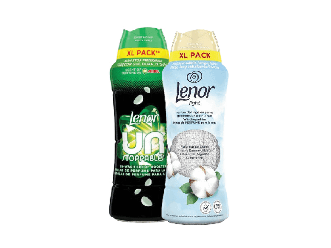 Du „Lenor Unstoppables“ ir „Lenor Light“ skalbinių kvapikliai, XL pakuotės.