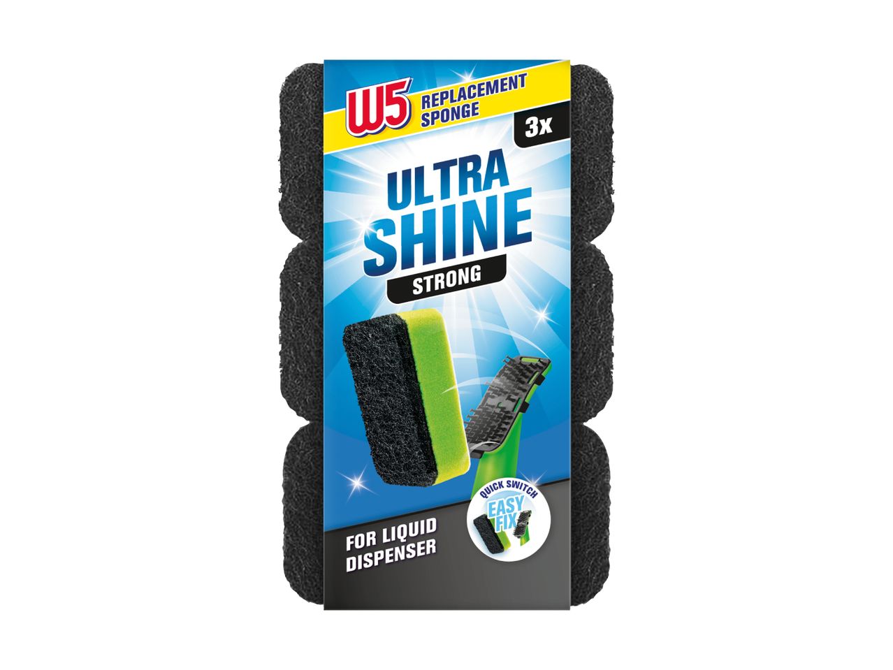 Pakke med 3 sorte udskiftningssvampe til flydende dispenser, med teksten 'ULTRA SHINE STRONG'.