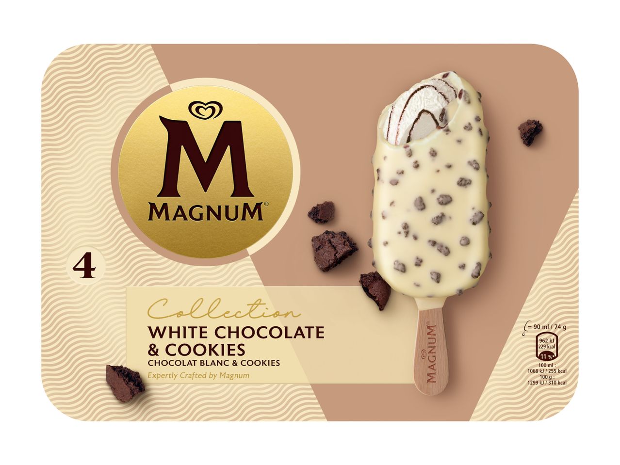 Magnum Eis am Stiel: weiße Schokolade & Cookies.