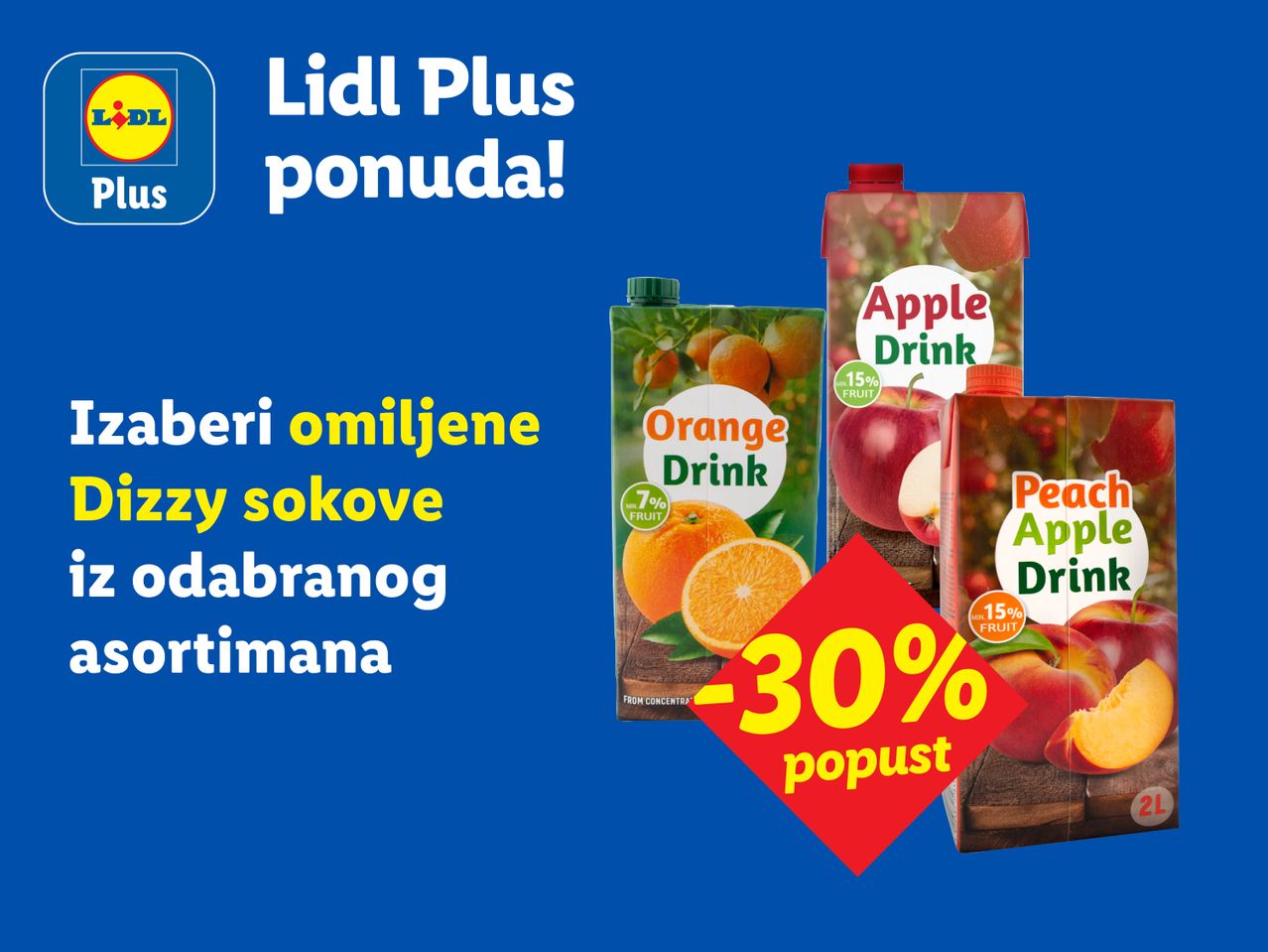Lidl Plus ponuda: 30% popusta na Dizzy sokove (narandža, jabuka, breskva-jabuka).