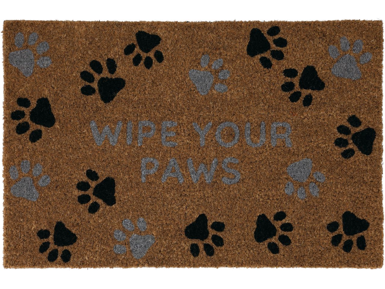 Brown coir doormat with black and gray paw prints and the text 'WIPE YOUR PAWS'.