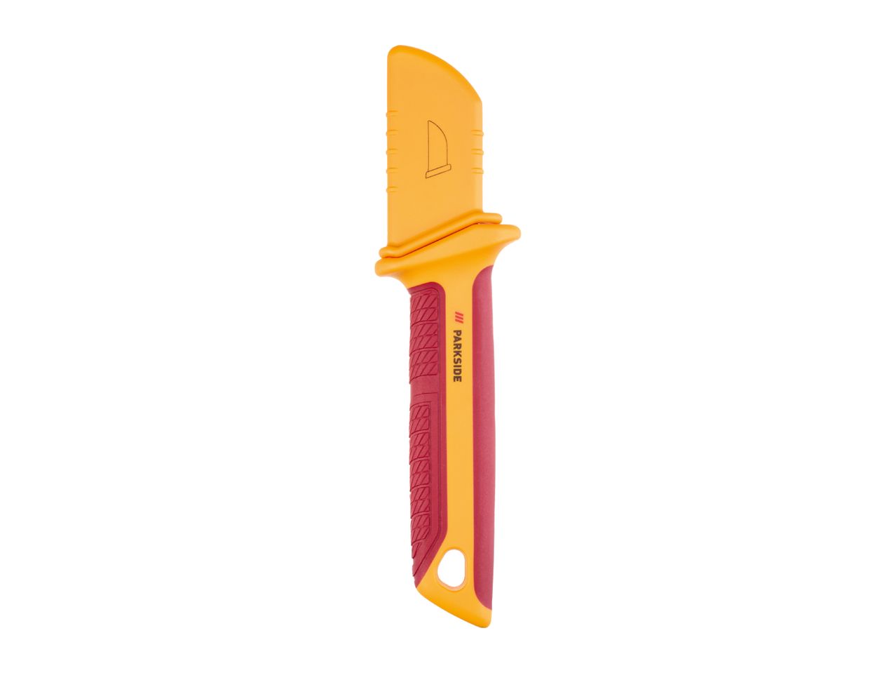 Orange and red utility knife with a textured handle and a blade symbol on the sheath.