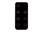 Black remote control with white button icons on a white background