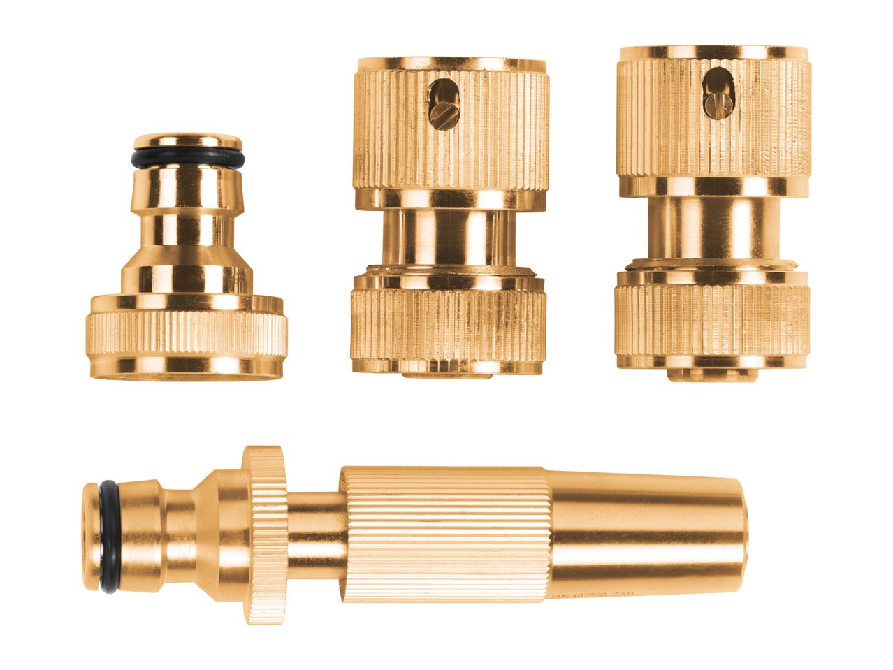 Brass garden hose connectors and a spray nozzle, including quick connectors and tap adapters.