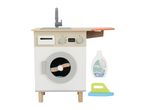 Wooden toy washing machine with sink, ironing board, detergent, and iron.