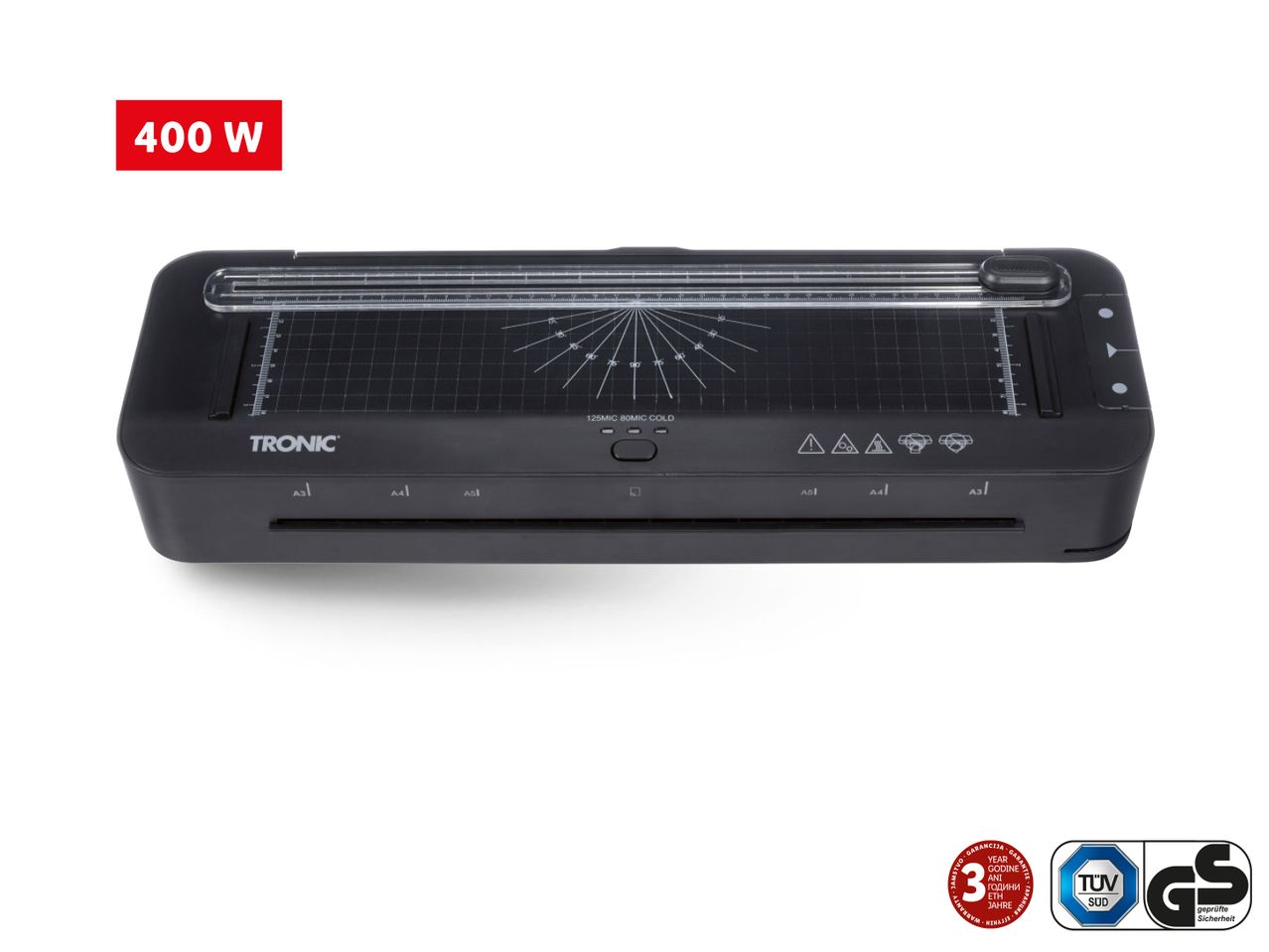 Crni laminator Tronic 400 W s rezačem papira i certifikatima.