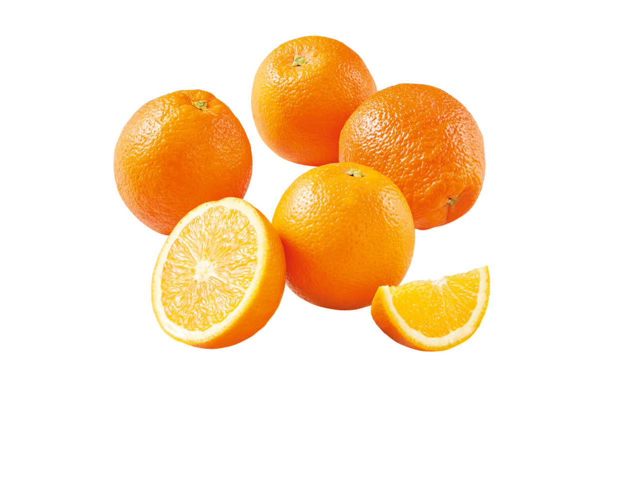 A group of whole and sliced oranges on a black background.