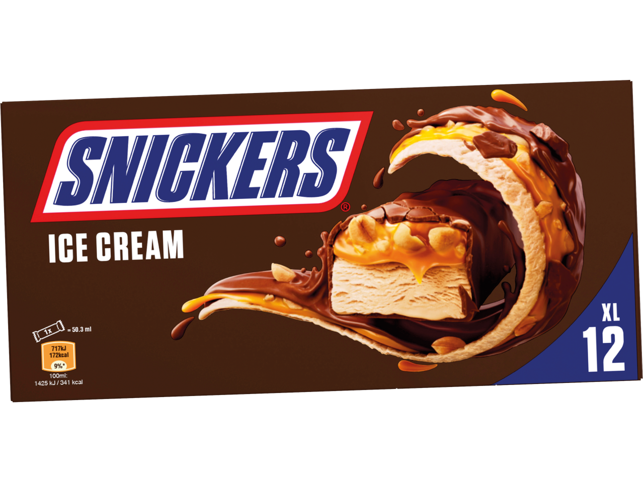 Snickers Ice Cream XL-förpackning med 12 glassar, med choklad, kola och jordnötter.