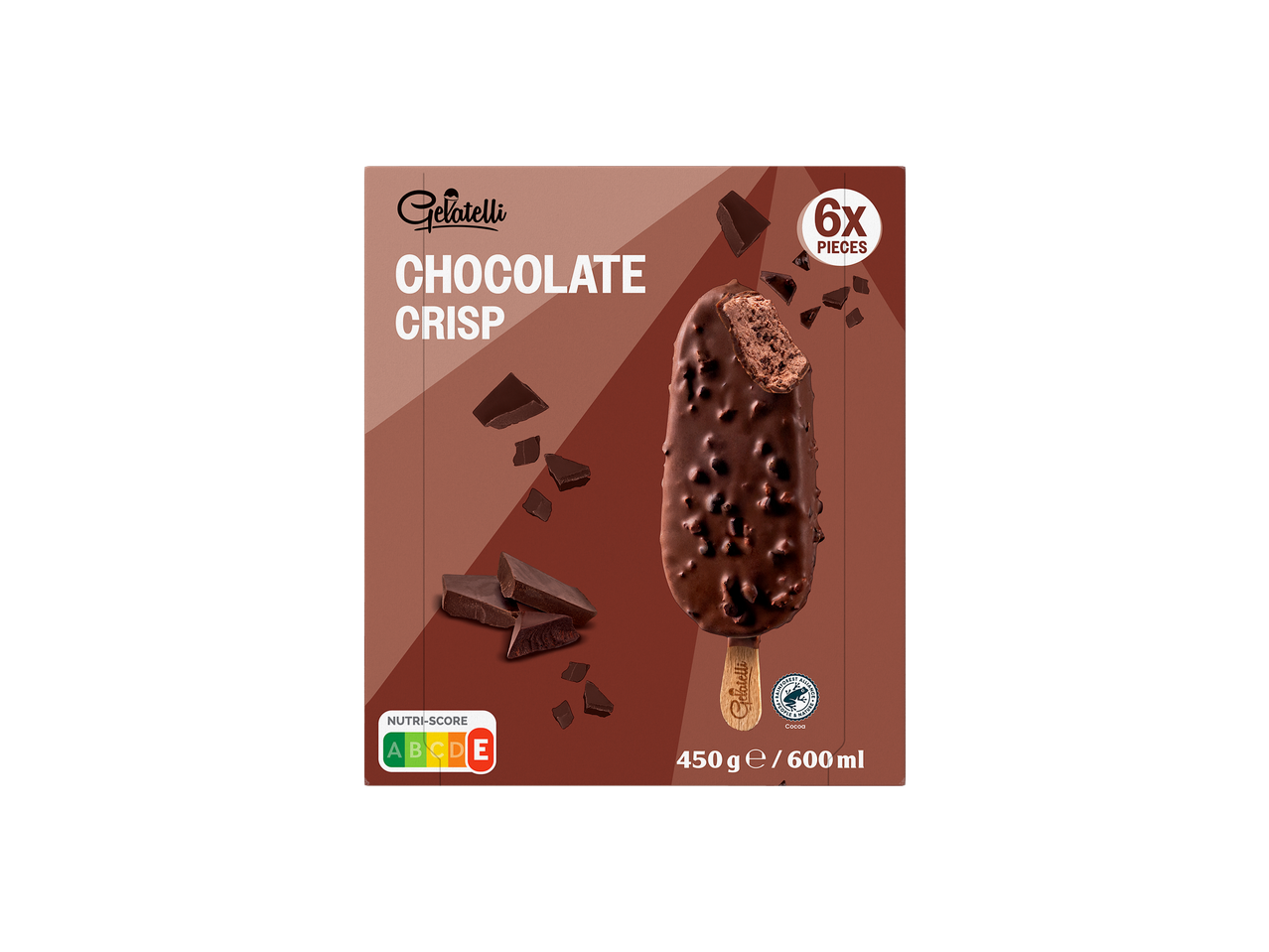 Gelados de chocolate crocante, 6 unidades, 450g/600ml, com Nutri-Score A.