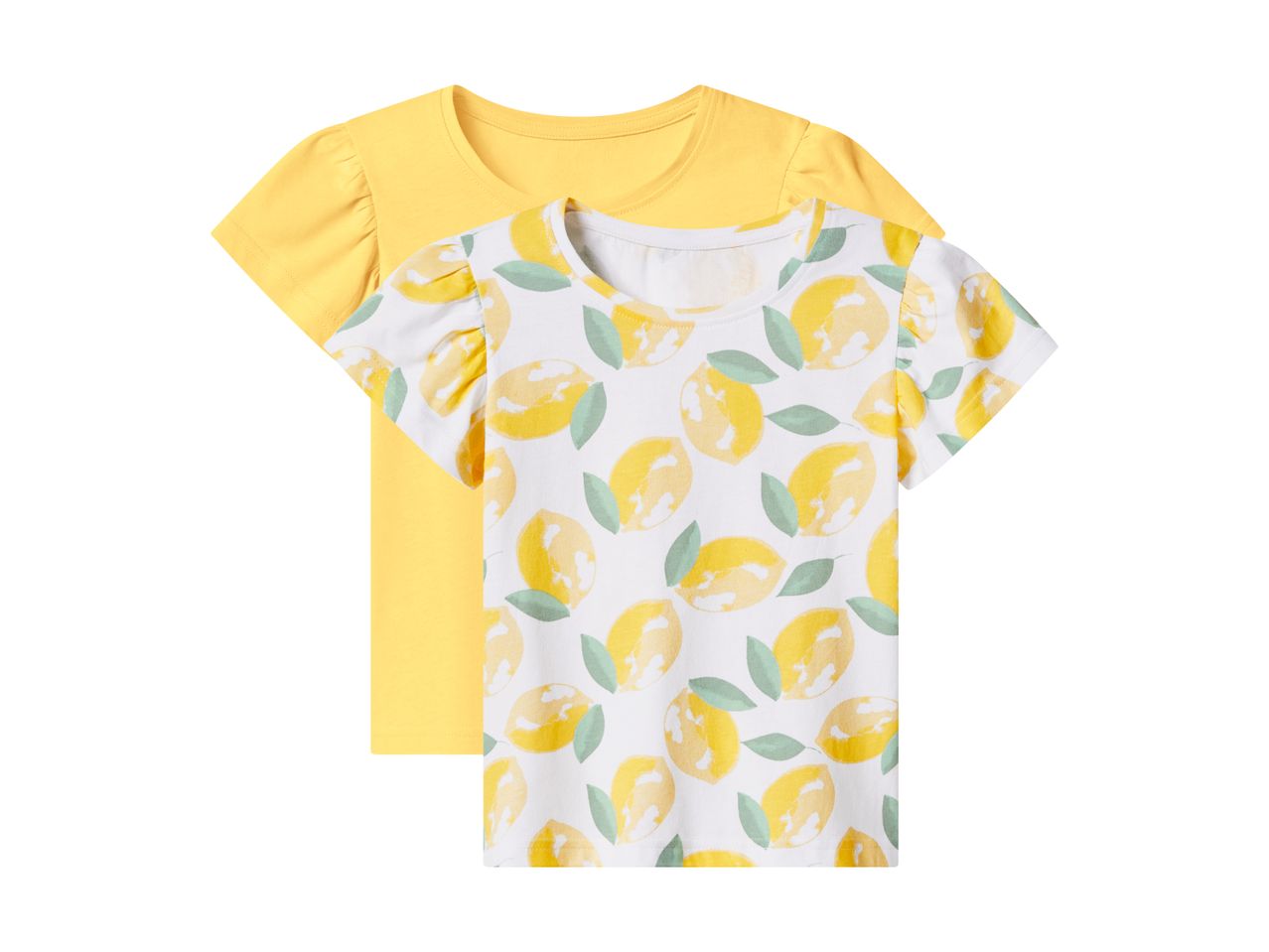 To T-shirts, en gul og en hvid med citronprint, til børn.