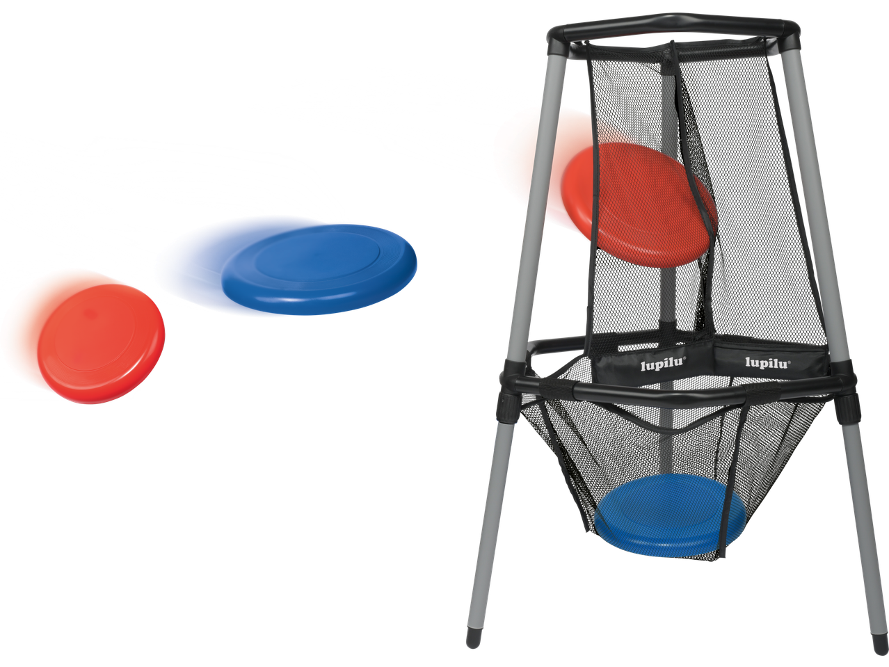 Set de joc Lupilu cu frisbee roșii și albastre zburând într-o plasă.