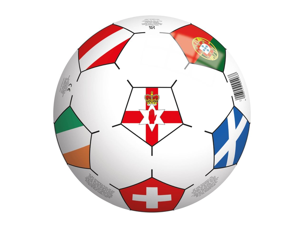 A white football with flags of Austria, Portugal, Northern Ireland, Ireland, Scotland, and Switzerland, featuring a barcode and CE mark.