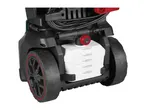 Rear view of a pressure washer with a detergent tank and wheels.