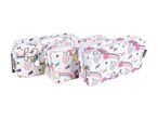 Three unicorn-themed cosmetic bags.