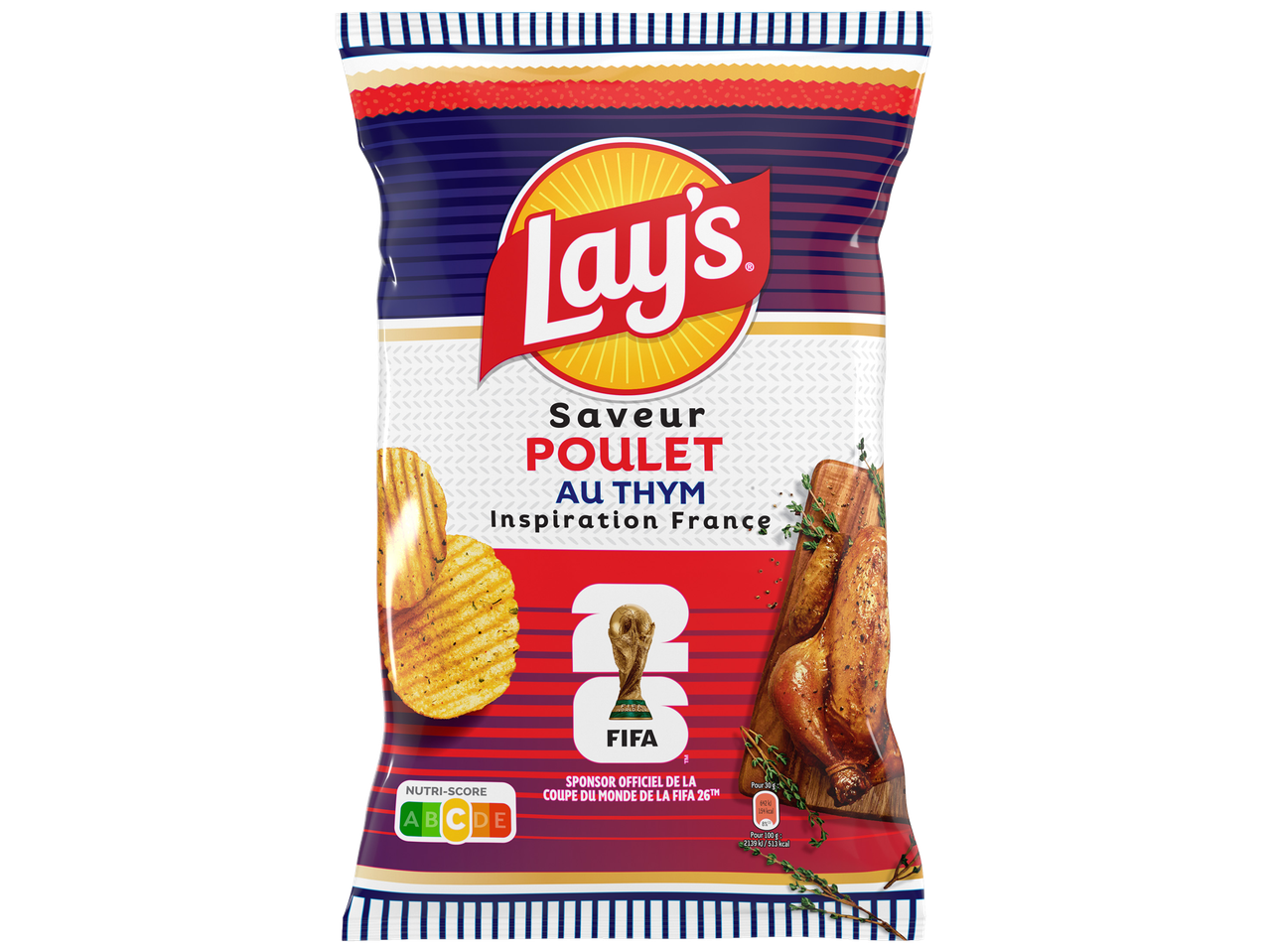 Paquet de chips saveur poulet au thym, inspiration France, sponsor officiel de la Coupe du Monde de la FIFA 26.