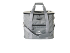 Grey cooler bag with top handles and shoulder strap, featuring a front zippered pocket.