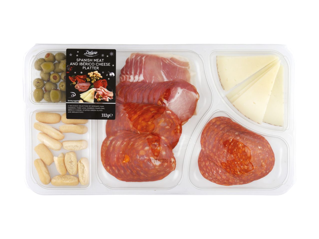 Deluxe Spanish Meat and Ibérico Cheese Platter with ham, chorizo, cheese, olives, and breadsticks.