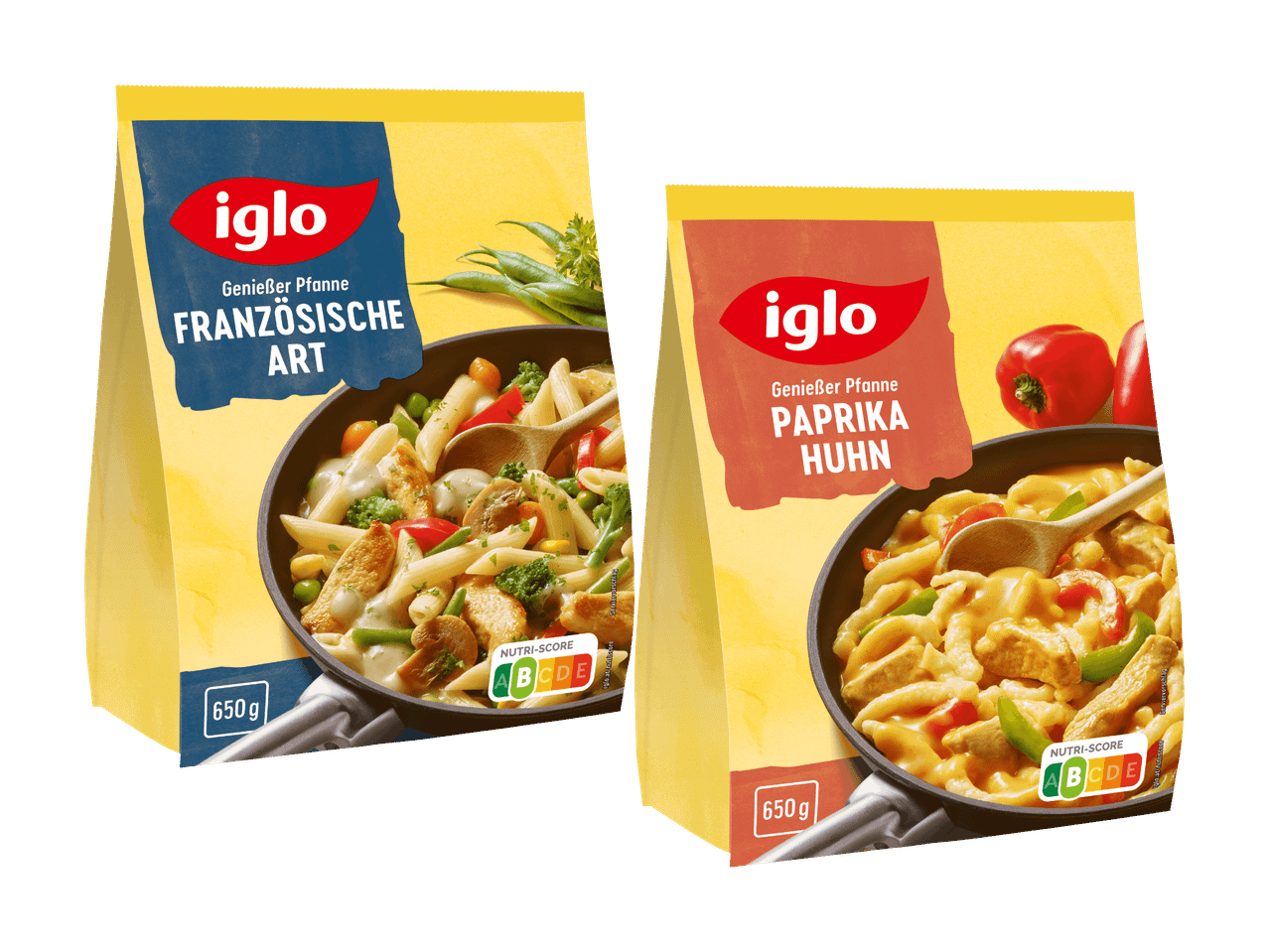 Zwei Packungen Fertiggerichte: Französische Art mit Penne und Hähnchen, Paprika Huhn mit Spätzle und Hähnchen.