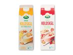 To Arla Koldskål pakker, en med citron og en med jordbær.