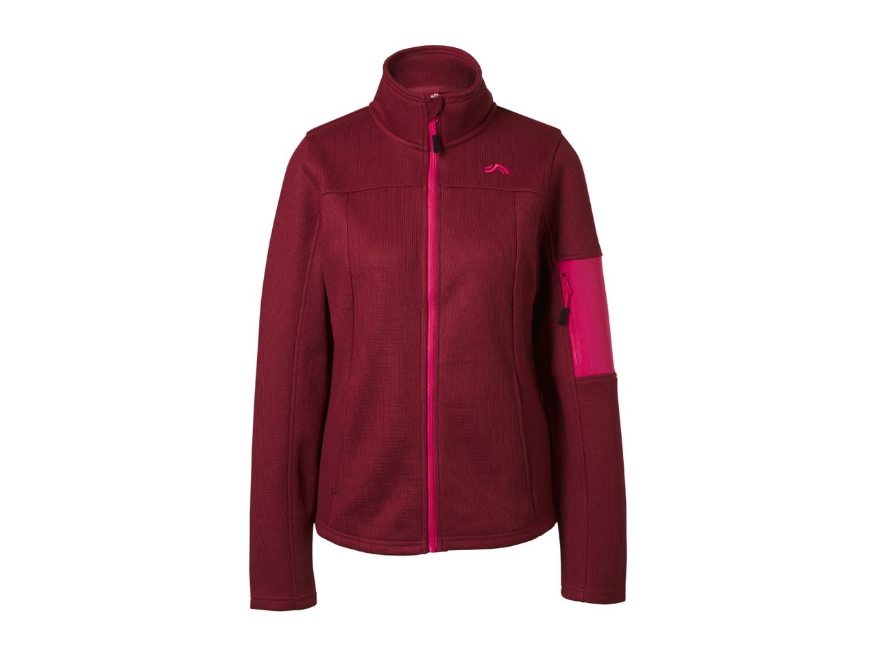 Women's burgundy fleece jacket with a pink zipper and a pink pocket on the sleeve.