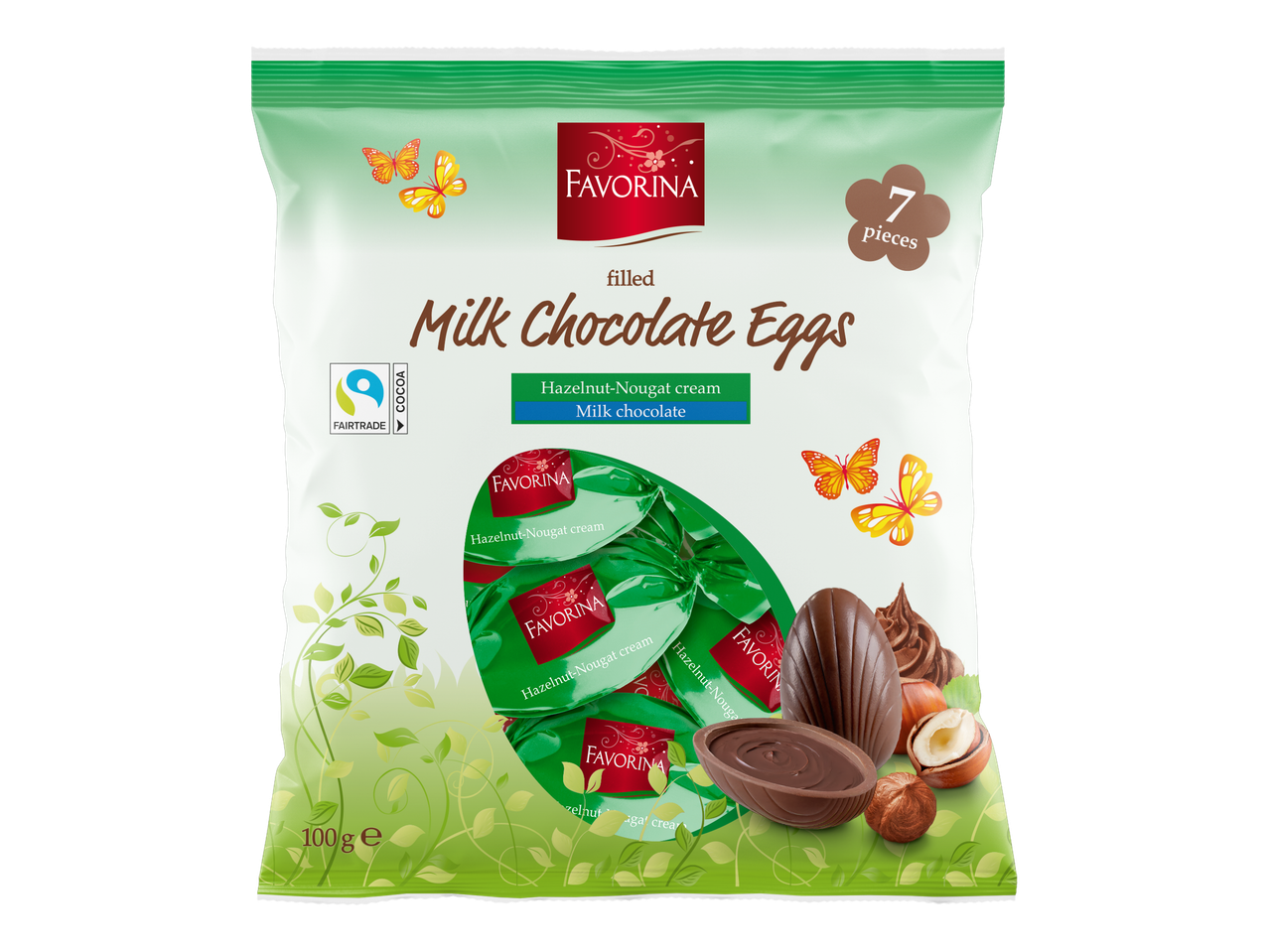 Favorina piimašokolaadimunad sarapuupähkli-nugatitäidisega, 7 tk.